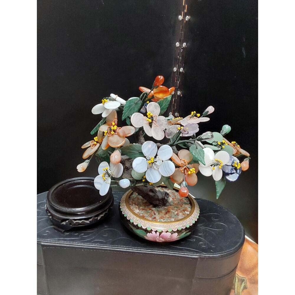 This sale is for a vintage Semi Precious stones Tree on Cloisonne base & stand